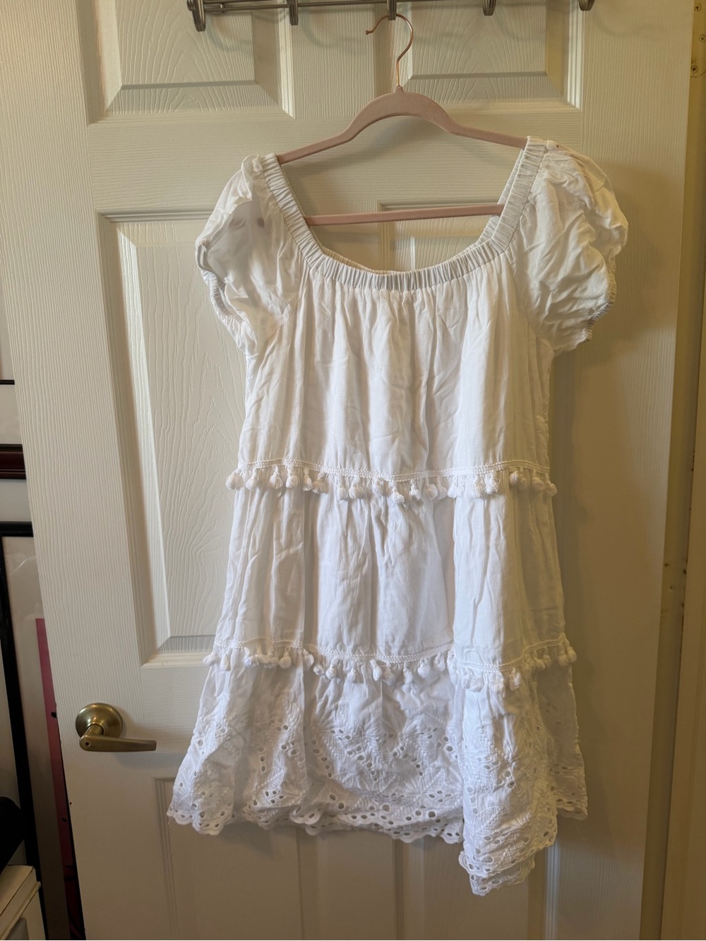 Free the Roses White Tiered Eyelet Dress with Pom Pom Trim